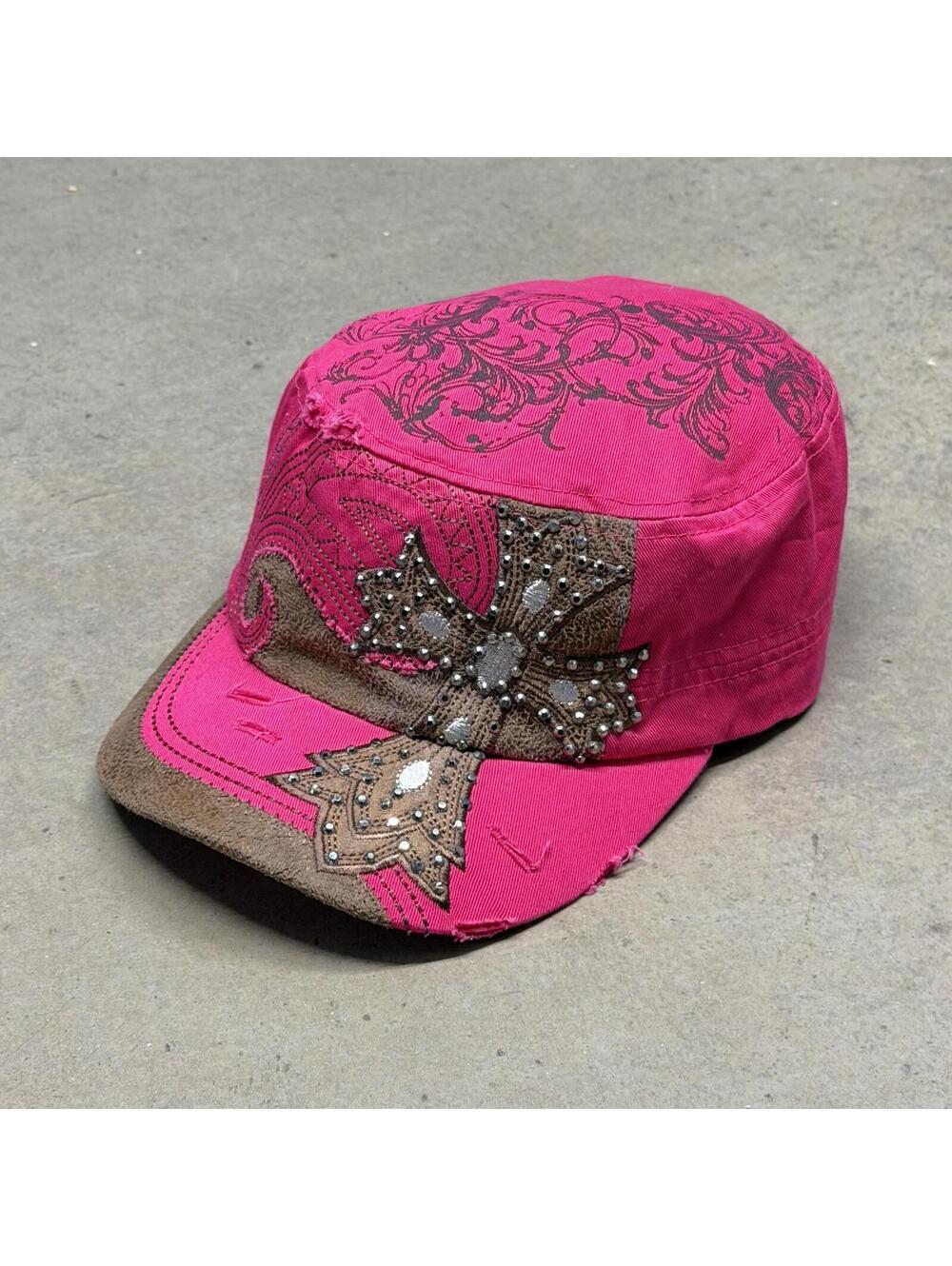 Y2K Affliction Style Cross Cadet Hat Pink Tribal McBling Grunge Distressed